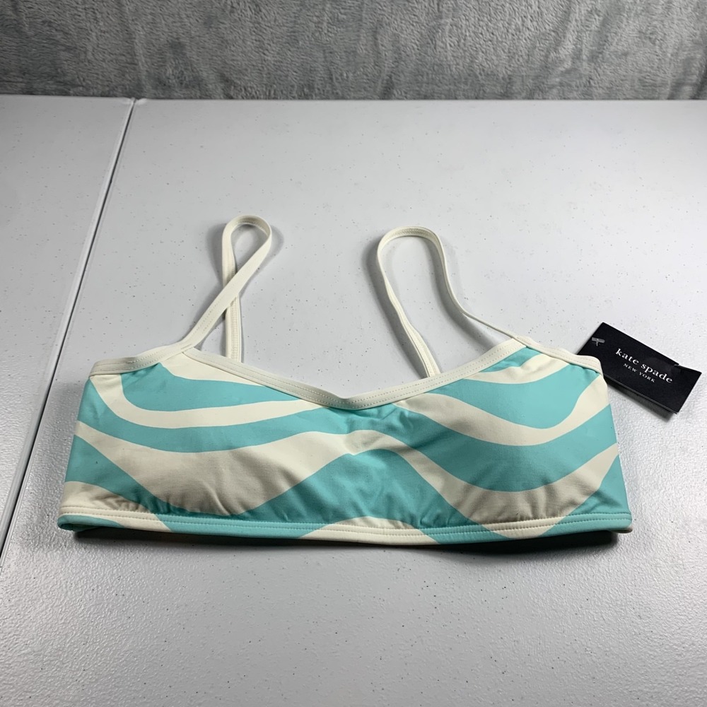 Kate Spade Women's Bikini Swim Top Medium Blue‎ Low Tide U-Neck Wave Print NWT